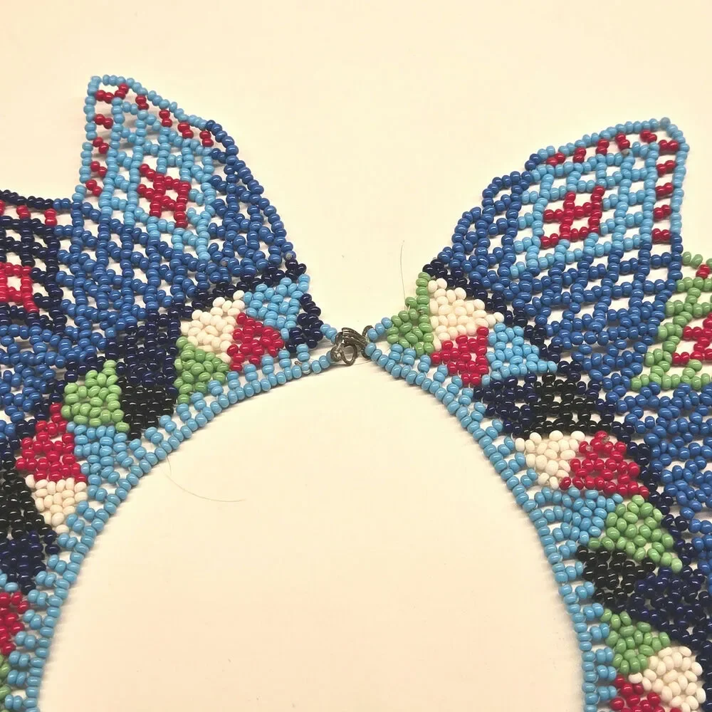 Huichol Beaded Necklace Statement Collar Wixárika Folk Art Blue Multicolor